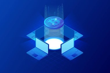 İzometrik bitcoin incelemesi kavramı. Cryptocurrency ve Blockchain kavramı. Çiftlik için araştırma bitcoins. Dijital para piyasası, yatırım, finans ve ticaret. Vektör çizim