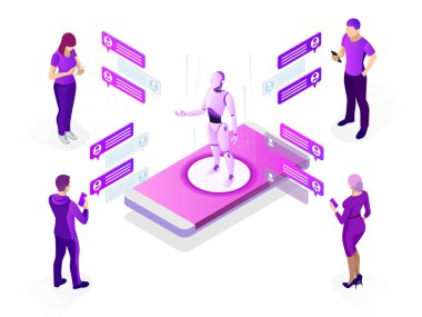İzometrik yapay zeka kavramı. AI ve iş çok kavramı. Yapay zeka bir örnek olarak sohbet etmek Instant messenger üzerinden iletişim adam.