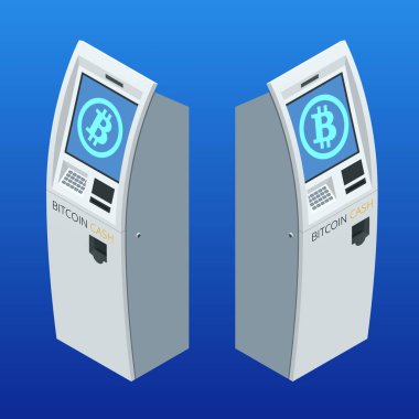 İzometrik modern Bitcoin Atm. Cryptocurrency para makinesi. Alış ve satış bitcoins, yeni bir dönem cryptocurrency. Vector Illustrator