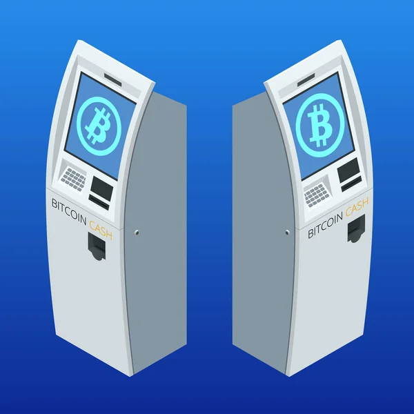 Isometrica moderna Bitcoin ATM. Bancomat criptovaluta. Comprare e vendere bitcoin, uno dei criptovaluta nuova era. Illustratore vettoriale — Vettoriale Stock