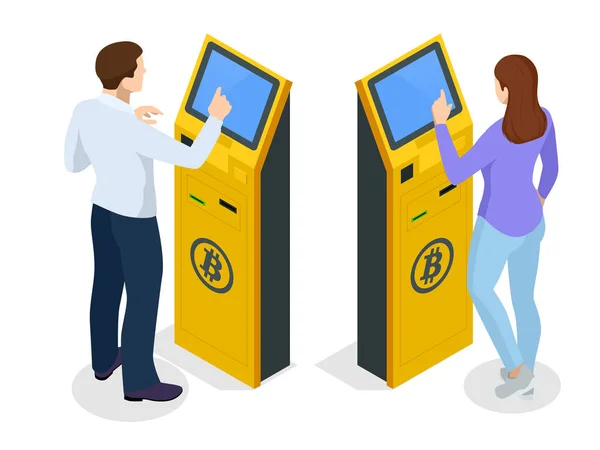 Izometrikus modern Bitcoin Atm. Cryptocurrency pénzkiadó automata. Vételi és eladási bitcoins, egy új korszak cryptocurrency. Vector illusztrátor — Stock Vector