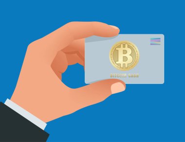 Bir adam s el Bitcoin banka kartı tutar. Hesabı, kredi, bitcoin için bir kart kavramı içinde. Bitcoin tarafından bir fatura ödemek için para. Dijital para para. Teknoloji kredi kartı bitcoin araştırma dünya çapında.