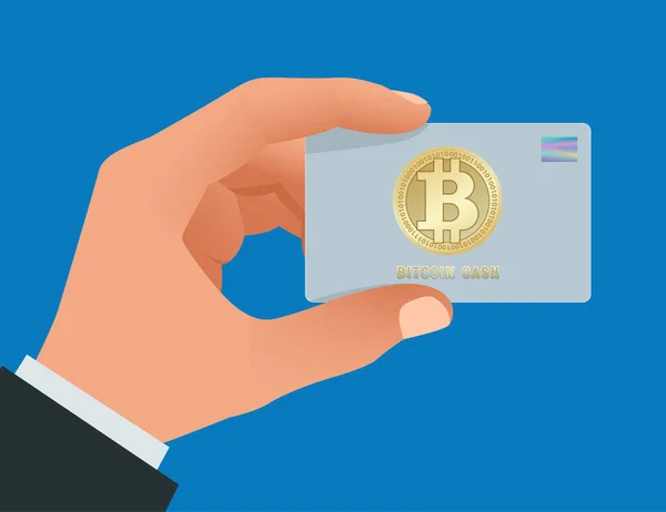 Bir adam s el Bitcoin banka kartı tutar. Hesabı, kredi, bitcoin için bir kart kavramı içinde. Bitcoin tarafından bir fatura ödemek için para. Dijital para para. Teknoloji kredi kartı bitcoin araştırma dünya çapında. — Stok Vektör