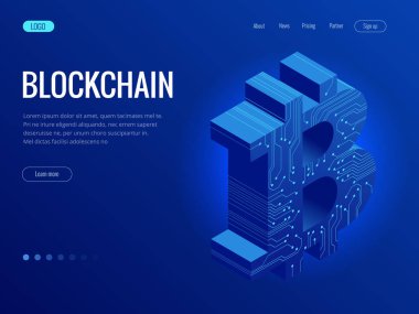 İzometrik incelemesi Bitcoin çiftlik. Cryptocurrency, blockchain, bitcoin araştırma kavramı. Büyük veri işleme, sunucu Oda raf vektör çizim