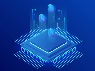 İzometrik incelemesi Bitcoin çiftlik. Cryptocurrency, blockchain, bitcoin araştırma kavramı. Büyük veri işleme, sunucu Oda raf vektör çizim