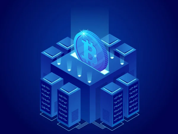 Exploitation Minière Isométrique Ferme Bitcoin Crypto Monnaie Blockchain Bitcoin Concept — Image vectorielle