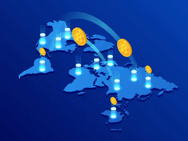 Minería isométrica Bitcoin granja. Criptomoneda, blockchain, concepto de minería bitcoin. Procesamiento de big data, sala de servidores ilustración de vectores — Vector de stock