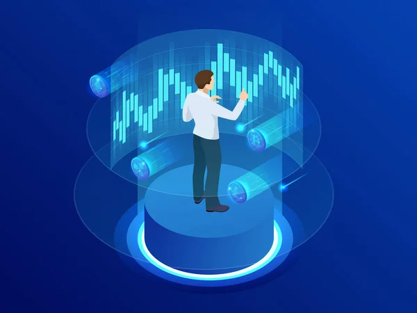 Isometric Mining Bitcoin Farm. Kryptowährung, Blockchain, Bitcoin Mining Konzept. Big Data Verarbeitung, Serverraum Rack Vektor Illustration — Stockvektor