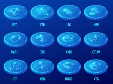 İzometrik vektör ayarla Bitcoin, Eth, STK, Xrp, Dash, Zec, Xmr, Qtum, çok, Nen, Doge ile Cryptocurrency sikkeleri Vtc. dijital sanal para, para şeklinde şifreleme güvenlik için kullanır