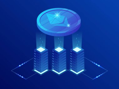 İzometrik Ethereum Eth Cryptocurrency araştırma grubu. Blockchain teknoloji, cryptocurrency ve mali işlemler için bir dijital ödeme ağ. Mavi arka plan.