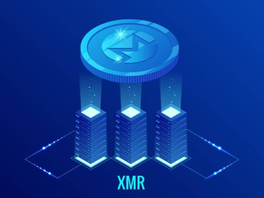 İzometrik Monero Xmr Cryptocurrency araştırma grubu. Blockchain teknoloji, cryptocurrency ve mali işlemler için bir dijital ödeme ağ. Mavi arka plan.