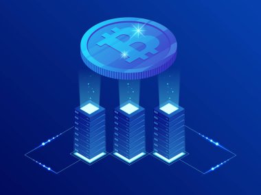 İzometrik Bitcoin Bit Cryptocurrency araştırma grubu. Blockchain teknoloji, cryptocurrency ve mali işlemler için bir dijital ödeme ağ. Mavi arka plan.