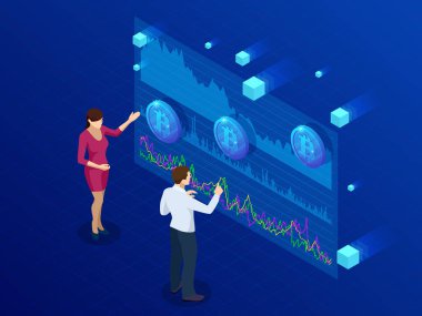 İzometrik işadamı ve işkadını analiz Bitcoin analytics, zeka dashboard, işlemleri Bitcoin veri istatistik grafikleri