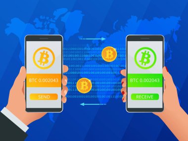 İzometrik satın bitcoin. Erkek ve kadın el Smartphone altın bitcoin, düğme buy ile tutarak. Vektör çizim