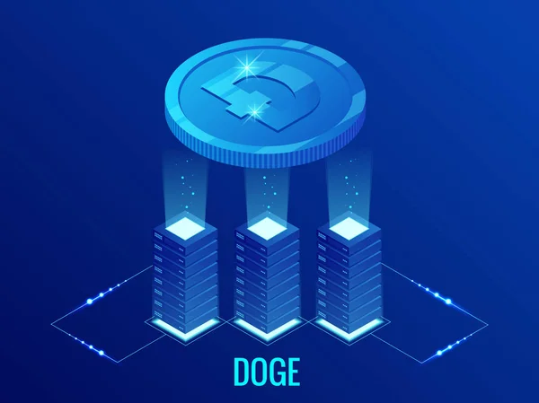 Ізометричного Dogecoin дожа Cryptocurrency видобутку ферми. Blockchain технології, cryptocurrency та мережі цифрового оплати для фінансових угод. Анотація синьому фоні. — стоковий вектор