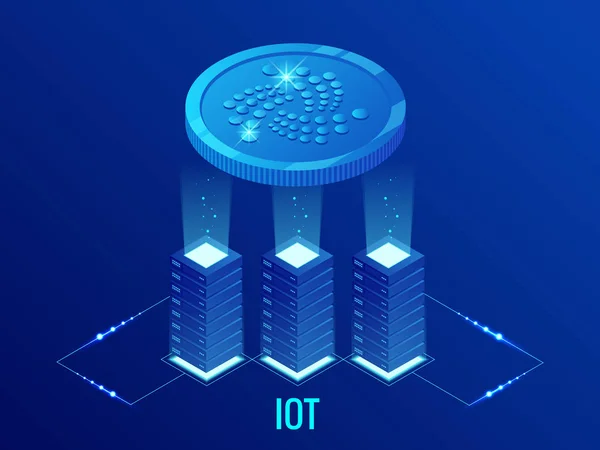 Isometric IOTA Ferme minière crypto-monnaie. Technologie blockchain, crypto-monnaie et un réseau de paiement numérique pour les transactions financières. Résumé fond bleu . — Image vectorielle