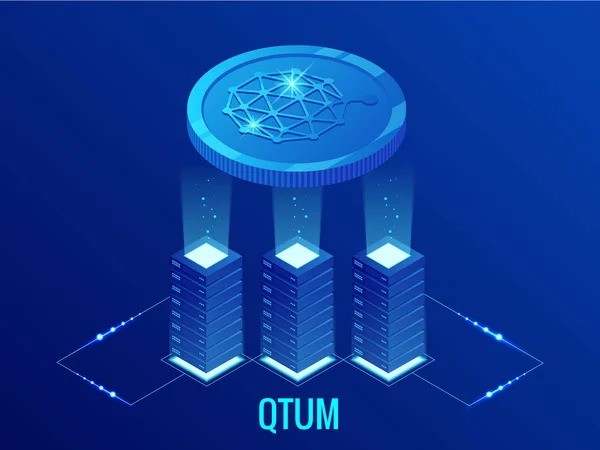 Ізометричного ферми гірничо Qtum Cryptocurrency. Blockchain технології, cryptocurrency та мережі цифрового оплати для фінансових угод. Анотація синьому фоні. — стоковий вектор