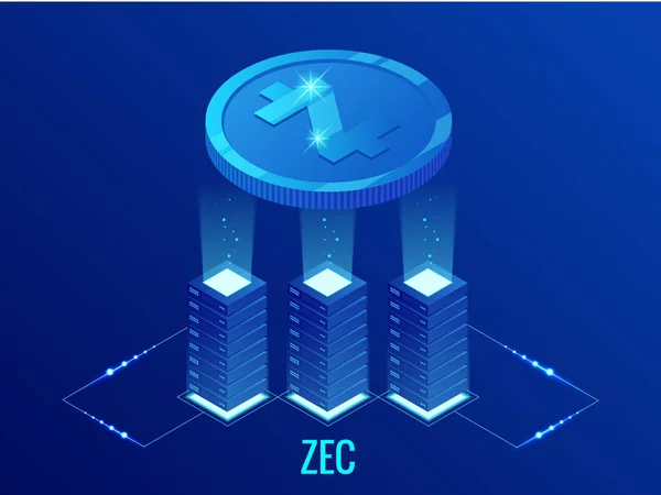 Isometric ZCASH Ferme minière crypto-monnaie. Technologie blockchain, crypto-monnaie et un réseau de paiement numérique pour les transactions financières. Résumé fond bleu . — Image vectorielle