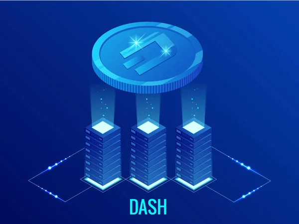 Isometric DASH Ferme minière crypto-monnaie. Technologie blockchain, crypto-monnaie et un réseau de paiement numérique pour les transactions financières. Résumé fond bleu . — Image vectorielle