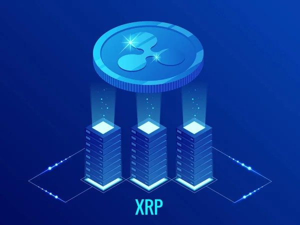 Moneda de ondulación isométrica XRP Criptomoneda granja minera. Tecnología Blockchain, criptomoneda y una red de pago digital para transacciones financieras. Fondo azul abstracto . — Vector de stock