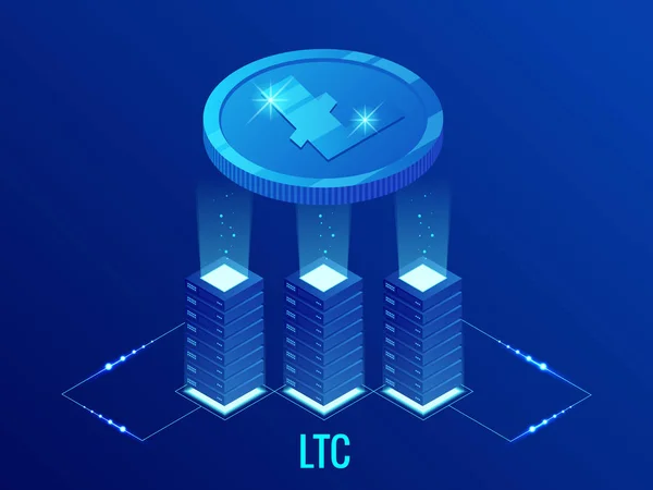 Ізометричного Litecoin Cryptocurrency «ОТК» видобуток ферми. Blockchain технології, cryptocurrency та мережі цифрового оплати для фінансових угод. Анотація синьому фоні. — стоковий вектор