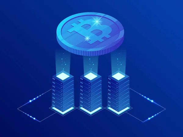 Isometric Bitcoin BIT Ferme minière crypto-monnaie. Technologie blockchain, crypto-monnaie et un réseau de paiement numérique pour les transactions financières. Résumé fond bleu . — Image vectorielle