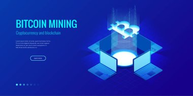 İzometrik Bitcoin Bit Cryptocurrency araştırma grubu. Blockchain teknoloji, cryptocurrency ve mali işlemler için bir dijital ödeme ağ. Mavi arka plan