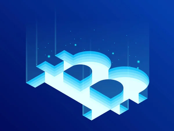 Изометрическая криптовалютная ферма Bitcoin BIT. Технология блокчейн, криптовалюта и цифровая платежная сеть для финансовых транзакций. Абстрактный синий фон — стоковый вектор