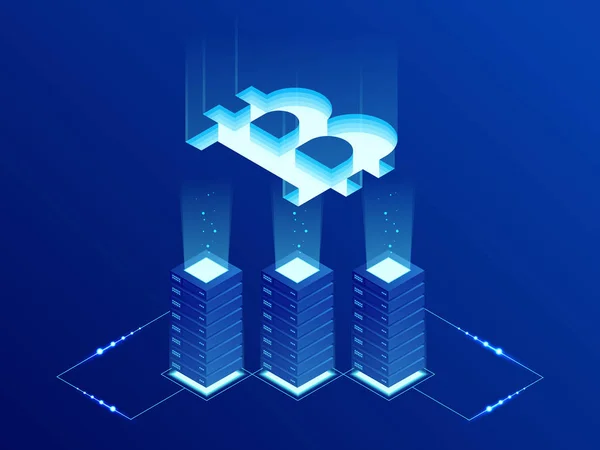 Isometrisches Bitcoin-Bit Kryptowährungs-Mining-Farm. Blockchain-Technologie, Kryptowährung und ein digitales Zahlungsnetzwerk für Finanztransaktionen. abstrakter blauer Hintergrund — Stockvektor
