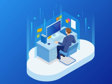 Bir bulut teknoloji yeni bir teknoloji kavramı ile çalışan izometrik adam. Çalışma alanı, laboratuvar, oda ofis. Vektör çizim