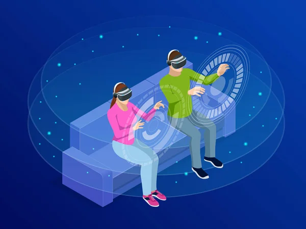 Isométrico joven hombre y mujer usan las gafas de realidad virtual. Ver y mostrar imaginar a través de la cámara VR. Concepto de tecnología e innovación — Archivo Imágenes Vectoriales