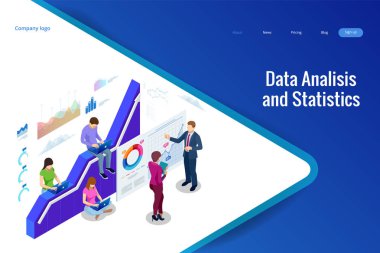 İzometrik web afiş veri Analisis ve istatistik kavram. Vektör illüstrasyon iş analizi, veri görselleştirme. Teknoloji, Internet ve ağ kavramı. Veri ve yatırımlar.