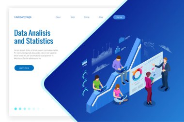 İzometrik web afiş veri Analisis ve istatistik kavram. Vektör illüstrasyon iş analizi, veri görselleştirme. Teknoloji, Internet ve ağ kavramı. Veri ve yatırımlar.