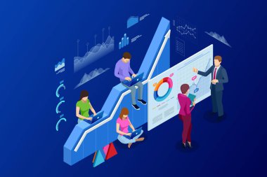 İzometrik web afiş veri Analisis ve istatistik kavram. Vektör illüstrasyon iş analizi, veri görselleştirme. Teknoloji, Internet ve ağ kavramı. Veri ve yatırımlar.
