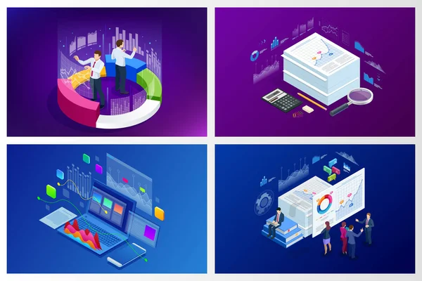 Isometric web banner Data Analisis and Statistics concept. Vector illustration business analytics, Data visualization. Technology, Internet and network concept. Data and investments. — Stock Vector