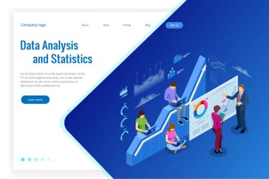 İzometrik web afiş veri analizi ve istatistik kavram. Vektör illüstrasyon iş analizi, veri görselleştirme. Teknoloji, Internet ve ağ kavramı. Veri ve yatırımlar.