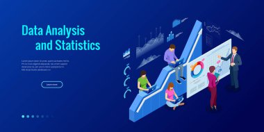 İzometrik web afiş veri analizi ve istatistik kavram. Vektör illüstrasyon iş analizi, veri görselleştirme. Teknoloji, Internet ve ağ kavramı. Veri ve yatırımlar.