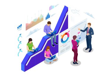 İzometrik web afiş veri Analisis ve istatistik kavram. Vektör illüstrasyon iş analizi, veri görselleştirme. Teknoloji, Internet ve ağ kavramı. Veri ve yatırımlar.