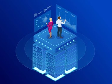 İzometrik web afiş veri analytics platformu ve istatistikleri. Vektör çizim hosting sunucu veya veri merkezi oda. Teknoloji, Internet ve ağ kavramı. Veri ve yatırımlar.