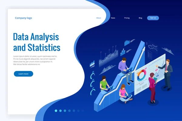 Isometrische web banner Data-analyse en statistieken concept. Vector illustratie business analytics, Data visualisatie. Technologie, Internet en netwerk concept. Gegevens en investeringen. — Stockvector