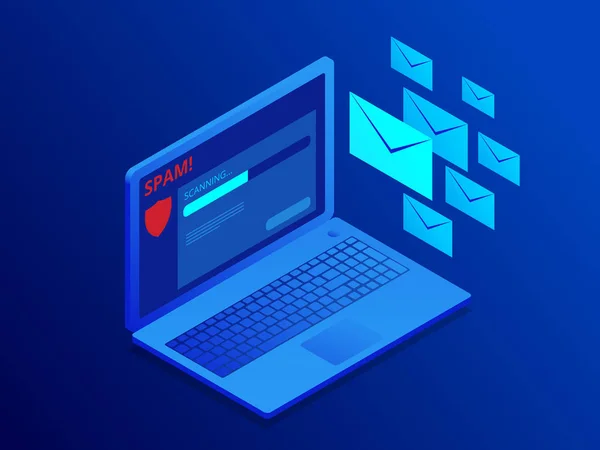 E-posta koruma, anti-malware yazılımı izometrik Web sitesi banner. Saldırı spam e-posta. Virüsten koruma yazılımı, anti-malware, spyware, trojan, adware olarak Internet security. — Stok Vektör