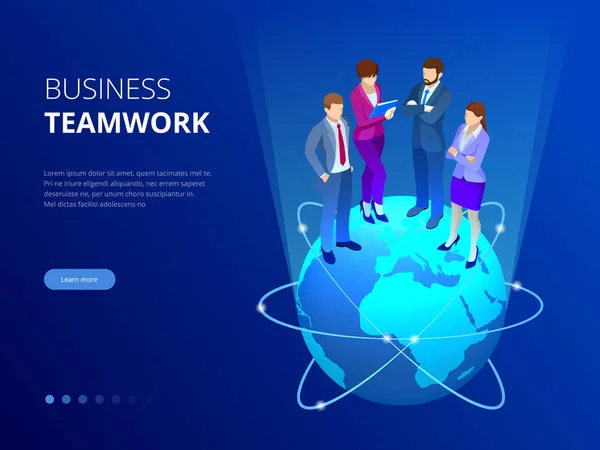 Isometrische business team, bedrijf mensen concept. Webbanner. Mensen uit het bedrijfsleven staan op een wereldbol. Nieuwe ideeën, zoek naar investeerder, toegenomen winsten. Bedrijfssituatie. Vectorillustratie — Stockvector