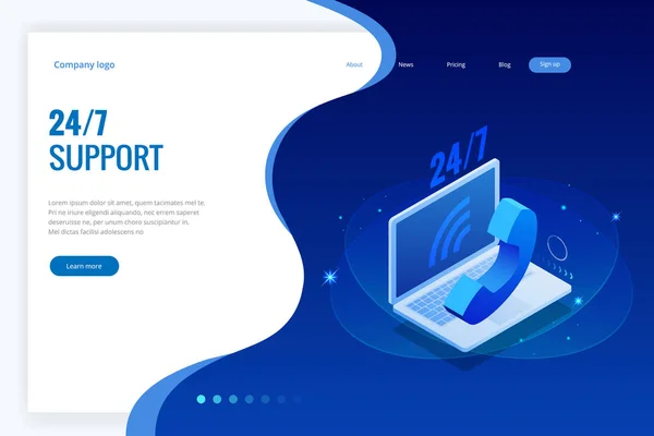Webside design skabeloner til callcenter support 24-7. Isometrisk 24 timer åben kundeservice. Vektorillustration Kundeservice, support eller CRM – Stock-vektor