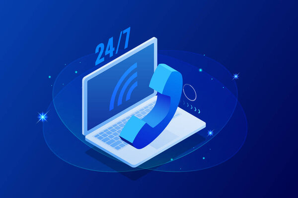 Шаблоны дизайна веб-страниц для круглосуточной поддержки колл-центра. Изометрическое круглосуточное обслуживание клиентов. Векторная иллюстрация Обслуживание клиентов, поддержка или CRM
