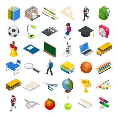 İzometrik eğitim Icons set. Okul, işyeri, okul çocukları ve diğer öğeleri hazırlıkları. Vektör çizim.