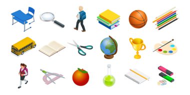 İzometrik eğitim Icons set. Okul, işyeri, okul çocukları ve diğer öğeleri hazırlıkları. Vektör çizim.