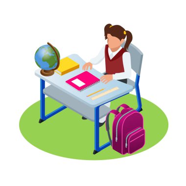 İzometrik eğitim kavramı. Kız ev ödevi, oturma ve yazma yapar. Kız Öğrenci dersleri öğreniyor. Vektör çizim.