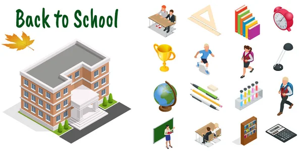 Icone dell'educazione isometrica impostate. Ritorno a scuola, sul posto di lavoro, scolari e altri elementi. Illustrazione vettoriale . — Vettoriale Stock