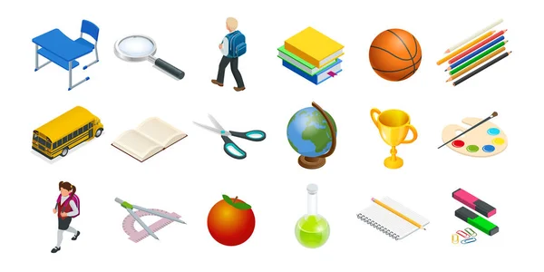 Isometric education icons set. Back to school, workplace, school kids and other elements. Vector illustration. — Stock Vector