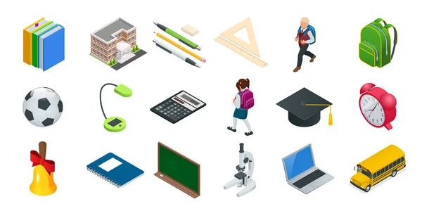 Isometric education icons set. Back to school, workplace, school kids and other elements. Vector illustration. — Stock Vector